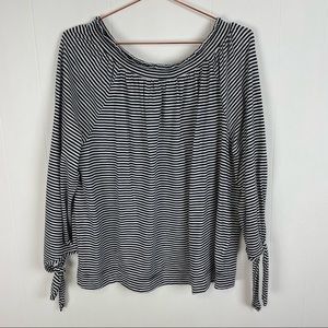 CHAPS Denim Navy Blue Striped Off The Shoulder Long Sleeve Shirt